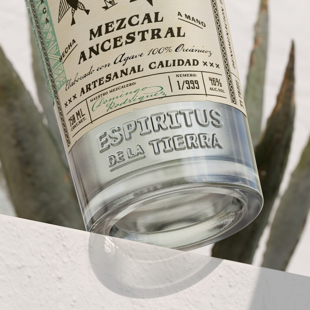 Story: Espiritus de la Tierra, a rustic and heritage mezcal that embodies the essence of the earth's four spirits. This artisanal drink is crafted from 100% field-grown agave plants, reflecting the traditional methods of Mexico's rich cultural heritage. Inspired by native drawings of the earth spirits, the illustration on the bottle represents the four elements: Fire, Water, Earth, and Air. The traditional tapestry design on the left side of the bottle adds a touch of authenticity, while the unique blend of four spirits invites to experience the raw power and natural beauty of the Mexican wilderness.